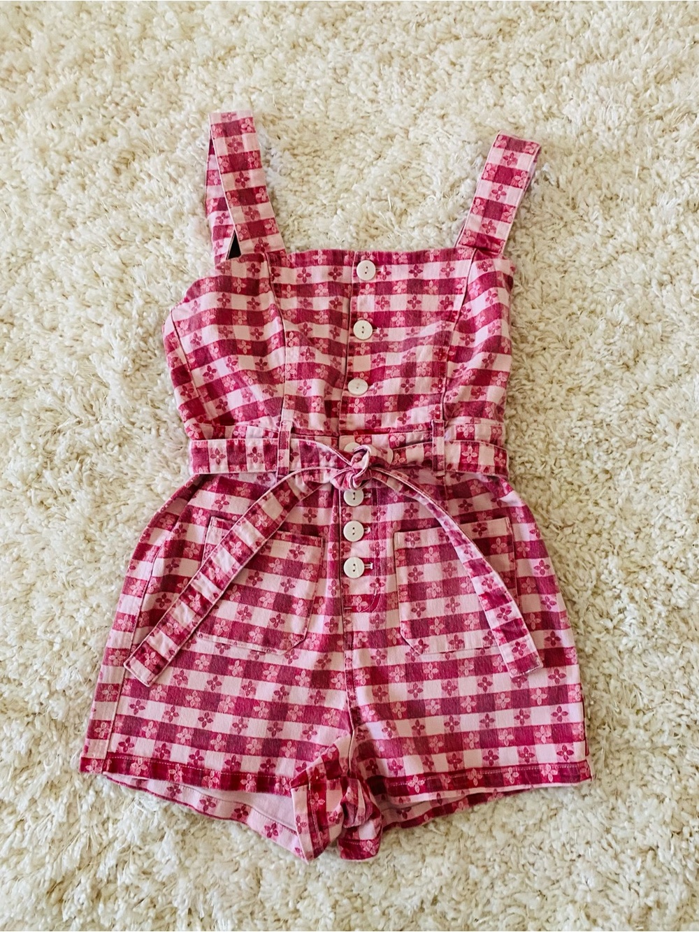 Rachel Antonoff Daisy Red Gingham Tablecloth Heart Pocket Romper